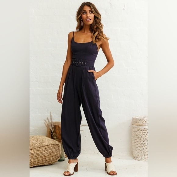Here Comes The Sun CUFFED HEM BELTED JUMPSUIT NAVY XS - Picture 1 of 10